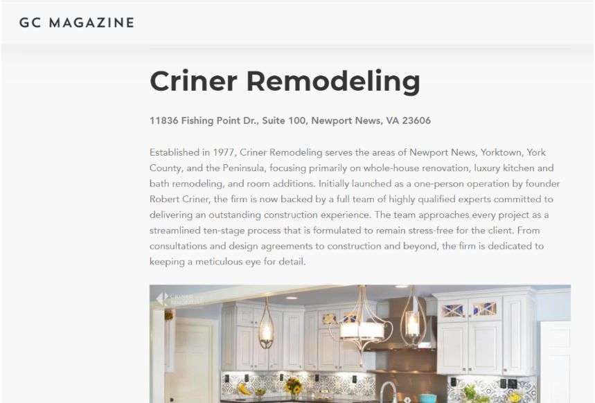 Criner Remodeling Listed as Top Contractor in Newport News