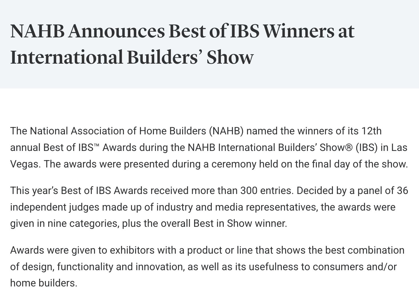 NAHB Announces Best of IBS Winners
