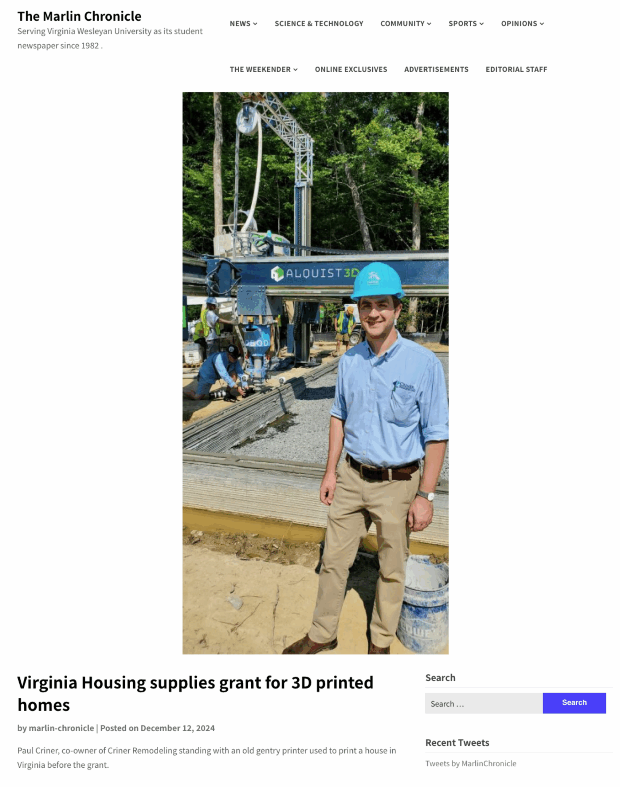 Paul Criner of Criner Remodeling featured in Marlin Chronicle for 3D home build with Virginia Housing.