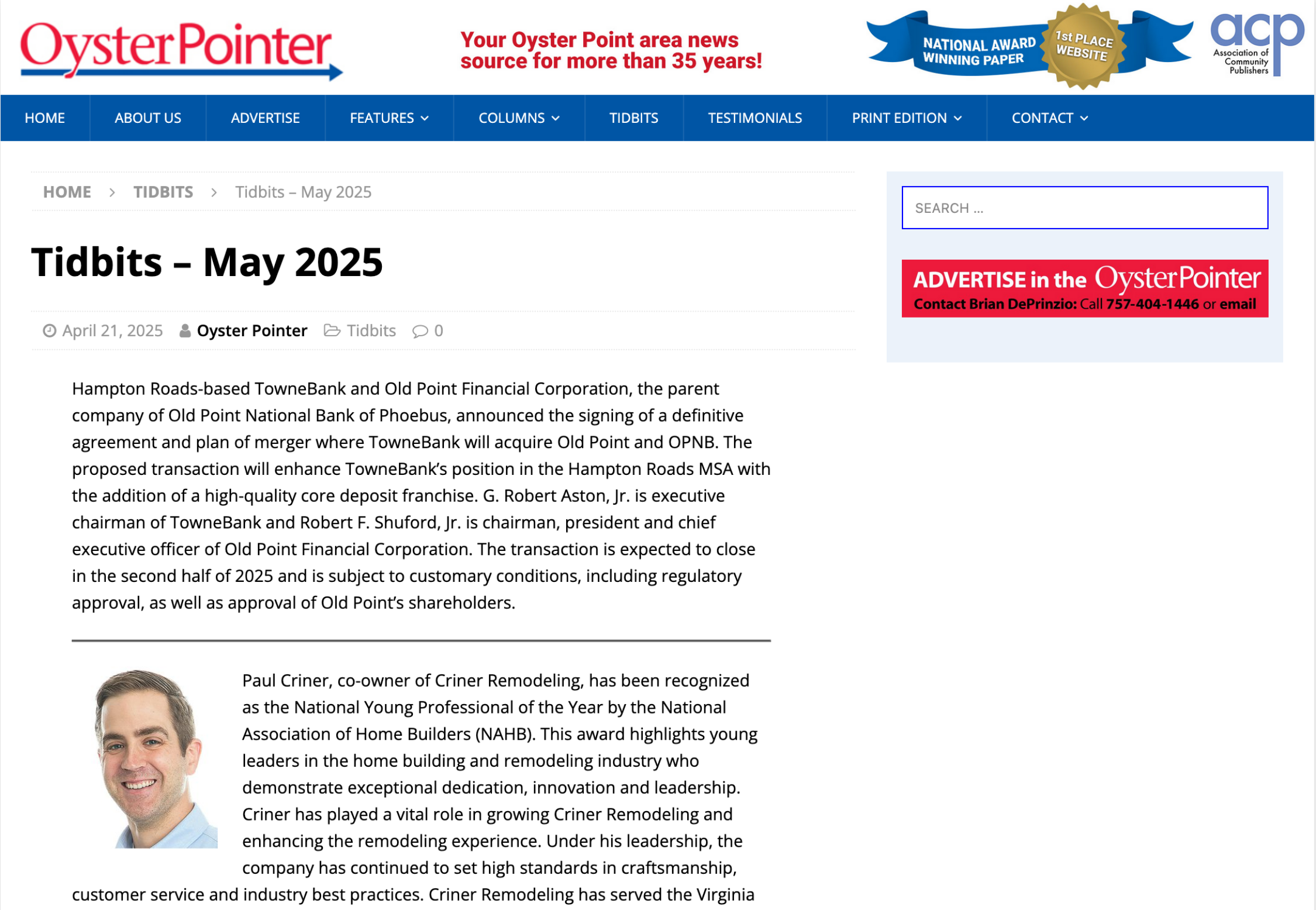 Paul Criner featured in Oyster Pointer for NAHB Award