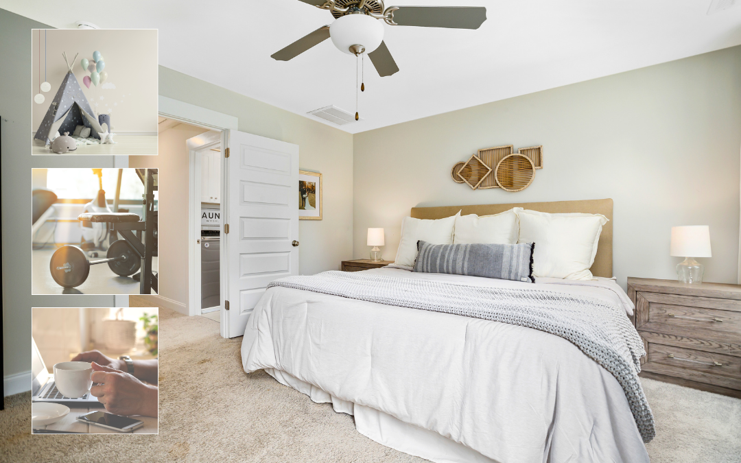 Multi-functional remodel bedroom with examples of play space, fitness nook, and home office